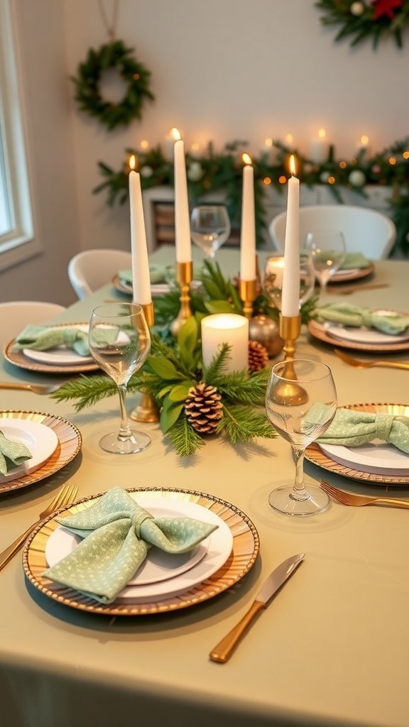 A Christmas table setting with sage green tablecloth, white plates, and gold accents, decorated with greenery and candles.